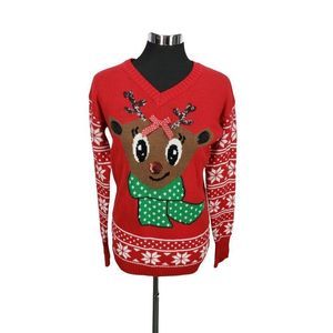 ND new directions Christmas Holiday Ugly Women's small Sweater Reindeer Red‎